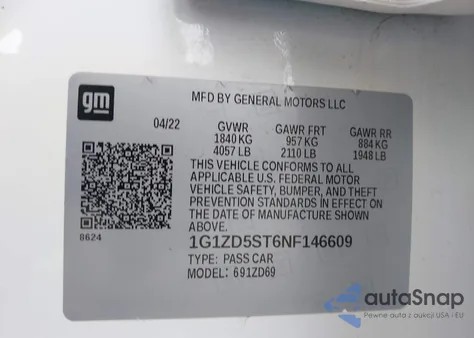 2022 Chevrolet Malibu Fwd Lt z USA, uszkodzony, nr VIN 1G1ZD5ST6NF146609